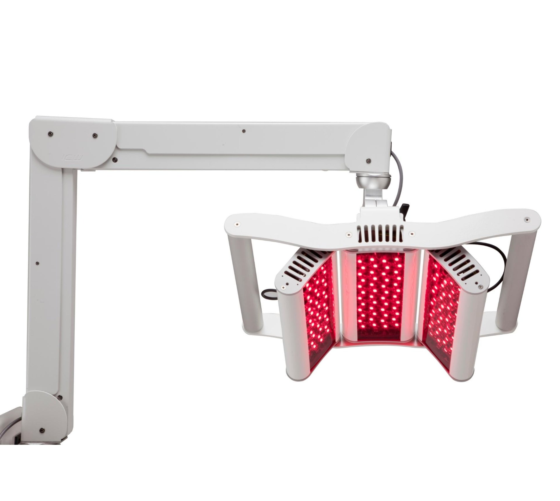 Close-up of the GigaLaser three-panel head glowing red
